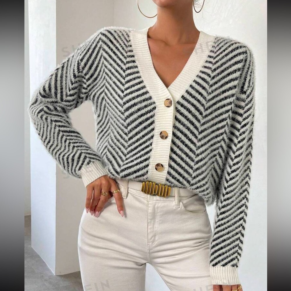 SHEIN Striped Black and White Cardigan Sweater
